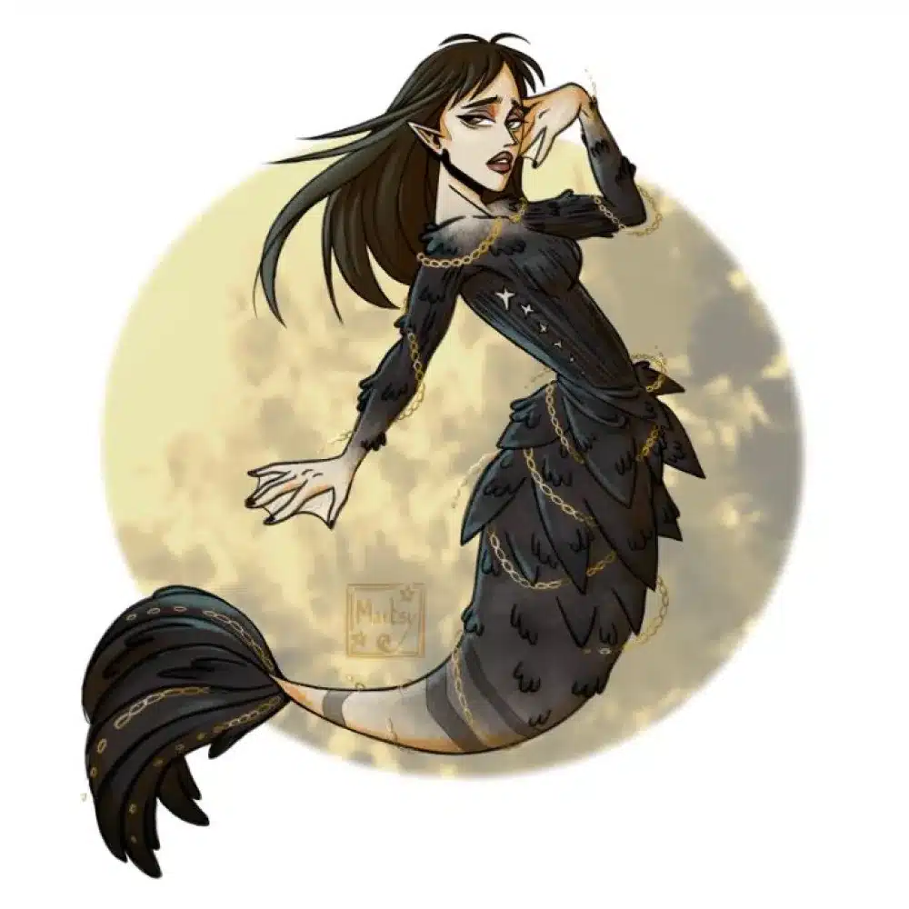 A gothic-style mermaid with long dark hair, pointed ears, and a black dress adorned with gold chains poses dramatically in front of a pale, full moon background.