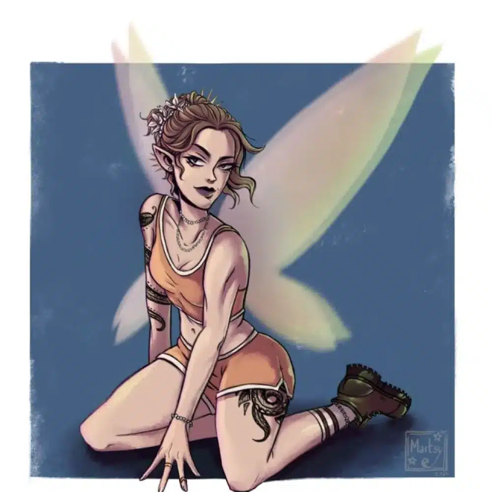 A fairy with short brown hair, tattoos, and a yellow-orange crop top and shorts kneels on the ground. She has translucent wings and wears boots, set against a blue background.