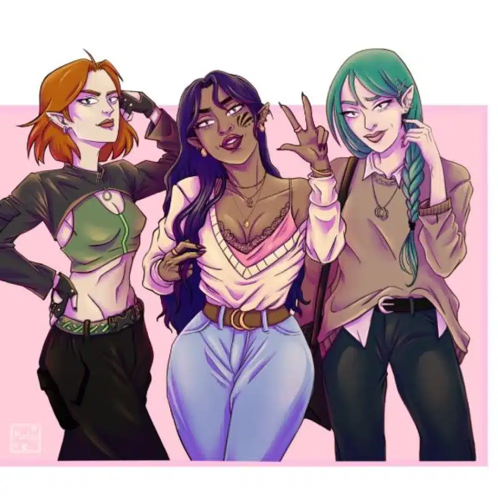 Three stylish, fantasy-inspired women pose together. One has short red hair, another has long dark hair and brown skin, and the third has teal hair in a plait. All wear trendy clothes against a pink background.