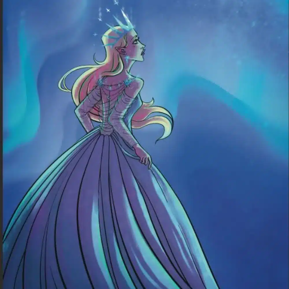 An illustrated woman in a flowing, purple gown and a starry crown gazes upwards, surrounded by swirling blue and green aurora-like lights.