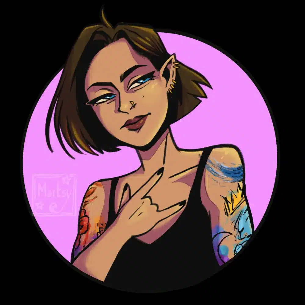 Digital art of a woman with short brown hair, elf-like ears, and visible tattoos on both arms. She wears a sleeveless black top and makes a casual hand gesture, set against a pink circular background.