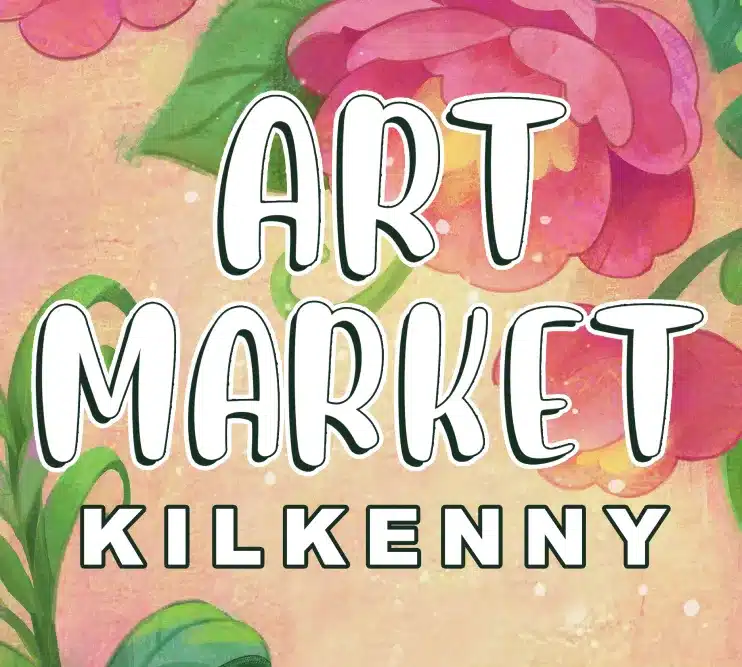 Text "Art Market Kilkenny" over a pastel pink background with large, illustrated pink flowers and green leaves.