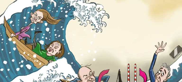 Cartoon of people surfing a large wave whilst others, near smokestacks, appear concerned. The scene is energetic, with splashing water and expressive faces.