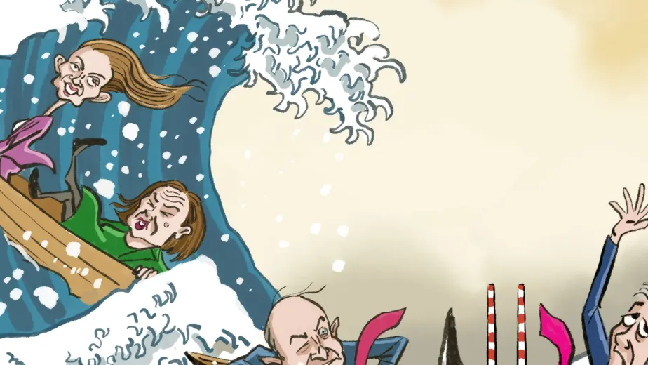 Cartoon of people surfing a large wave whilst others, near smokestacks, appear concerned. The scene is energetic, with splashing water and expressive faces.