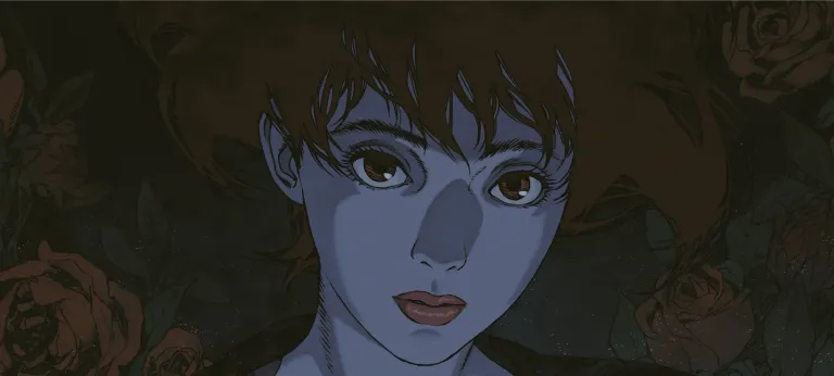 A digital illustration of a person with blue skin, large brown eyes, and tousled dark hair, set against a dark background with faint red roses.