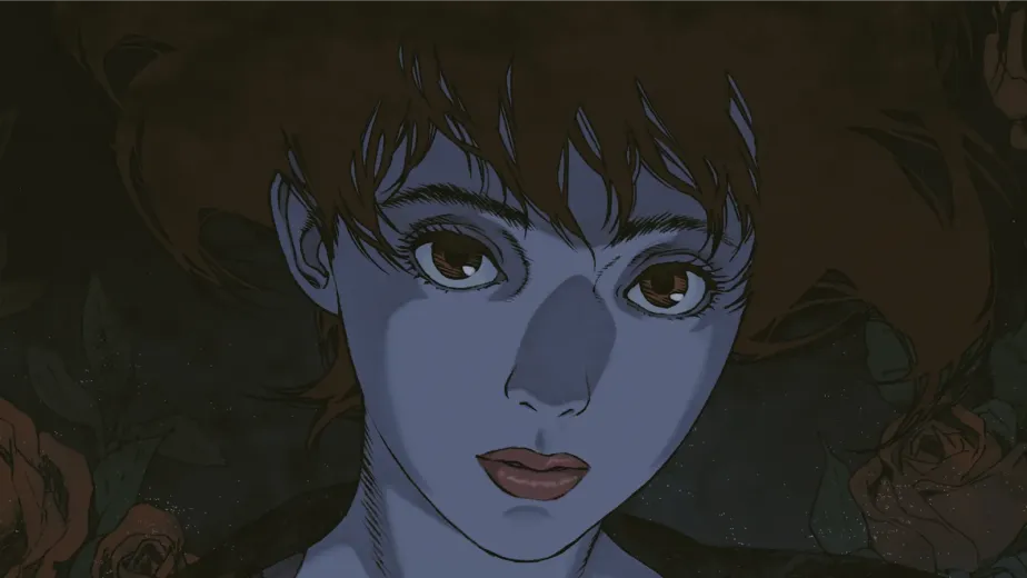 A digital illustration of a person with blue skin, large brown eyes, and tousled dark hair, set against a dark background with faint red roses.
