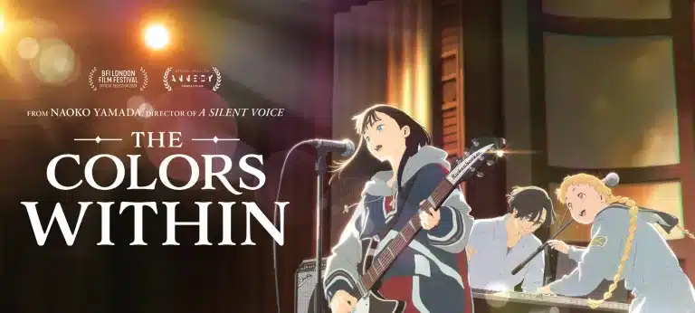 Three animated teenagers perform music on stage, one singing and playing guitar, another on keyboard, and a third on drums, under warm stage lights. Text reads: "The Colours Within.
