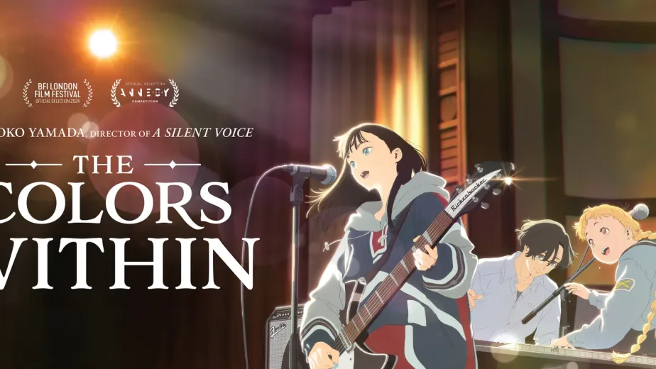 Three animated teenagers perform music on stage, one singing and playing guitar, another on keyboard, and a third on drums, under warm stage lights. Text reads: "The Colours Within.