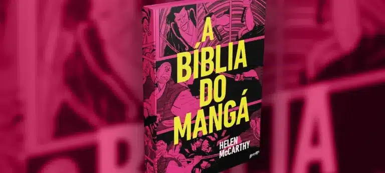 Book cover with bold yellow text "A Bíblia do Mangá" by Helen McCarthy on a pink and black background featuring manga-style illustrations of characters in dynamic poses.