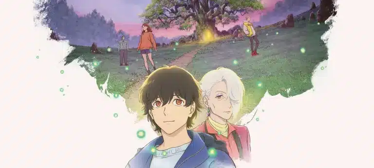 Anime-style illustration of two characters in the foreground, one with brown hair and one with white hair, with a glowing tree, green field, and three other people in the background at sunset.