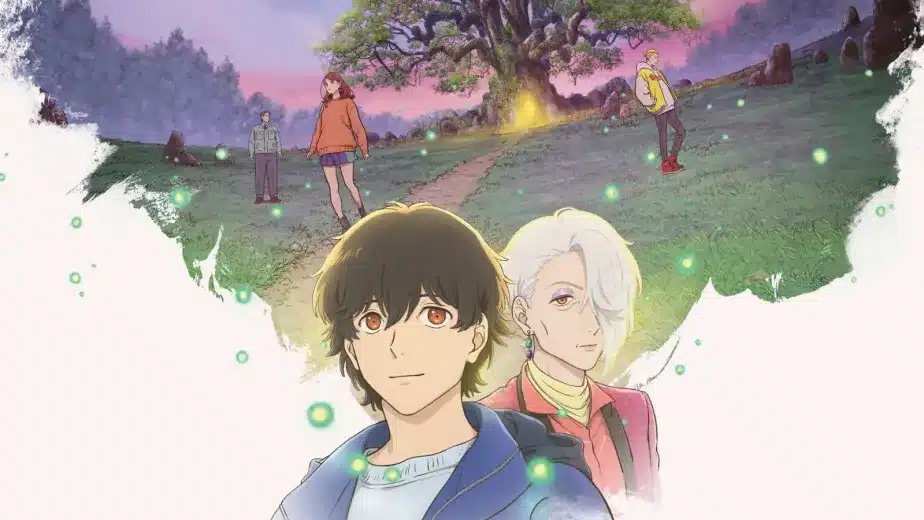 Anime-style illustration of two characters in the foreground, one with brown hair and one with white hair, with a glowing tree, green field, and three other people in the background at sunset.