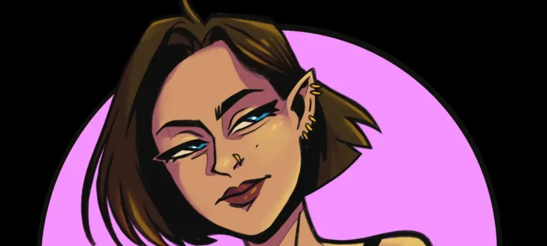 Digital drawing of a person with short brown hair, pointed elf-like ears with gold earrings, blue eyes, and dark lipstick, set against a pink circular background.