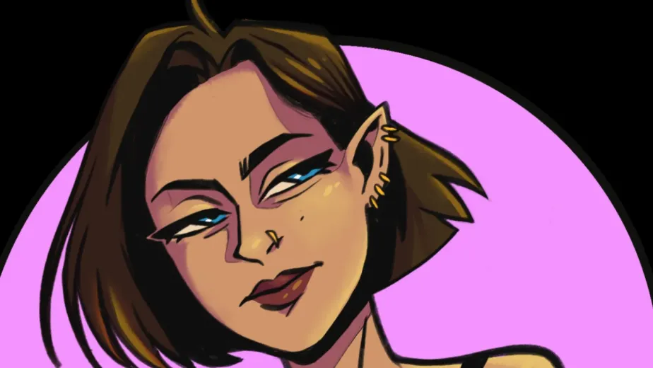 Digital drawing of a person with short brown hair, pointed elf-like ears with gold earrings, blue eyes, and dark lipstick, set against a pink circular background.