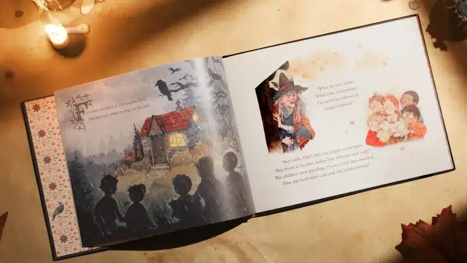 An open storybook on a table shows illustrated children looking at a house on one page, and a witch reading to children on the other. Candles, leaves, and biscuits surround the book.
