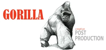 A pencil sketch of a gorilla stands on all fours. Large red text reads "GORILLA." Smaller text to the right says "creative POST PRODUCTION.