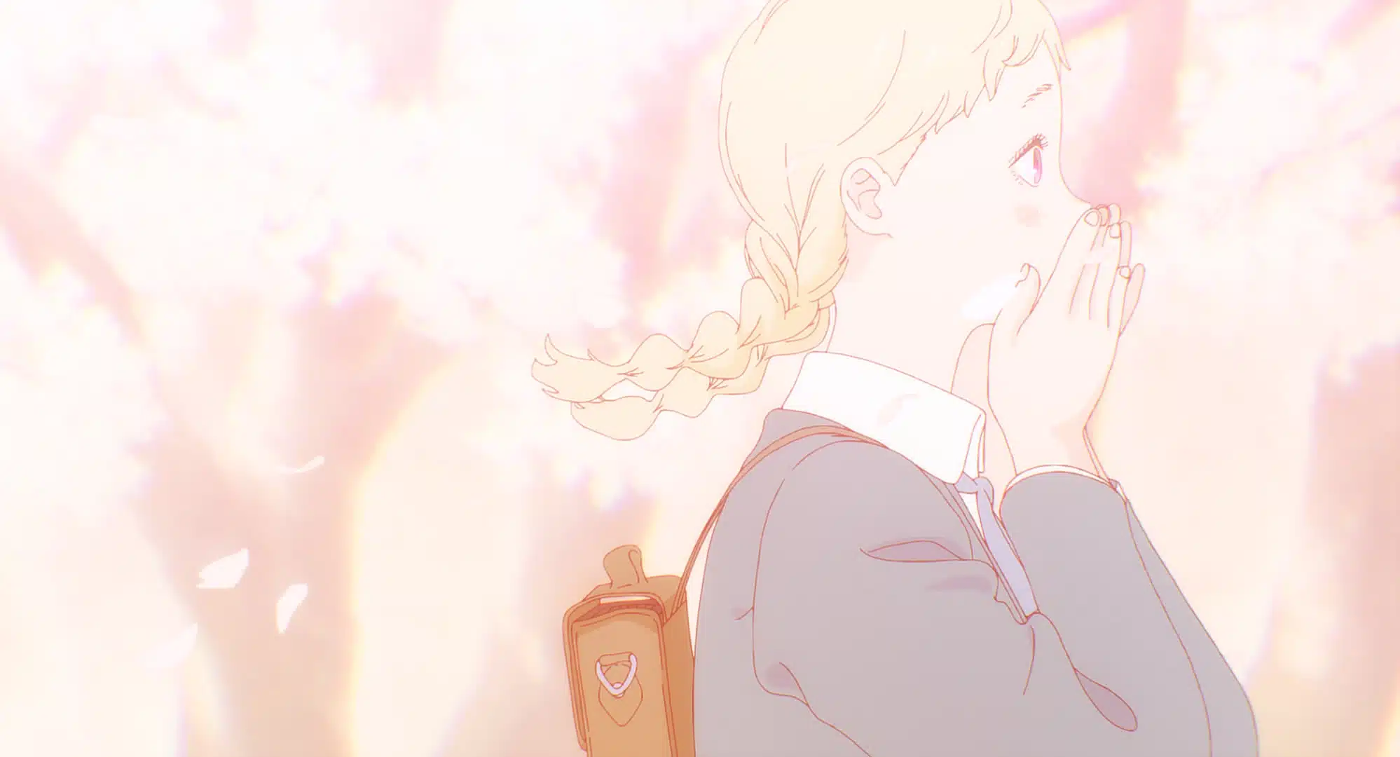 Anime-style girl with plaited blonde hair and a school uniform holds her hands near her mouth. She has a rucksack and stands in front of soft, pink cherry blossoms with petals floating in the air. The scene is bright and pastel-toned.