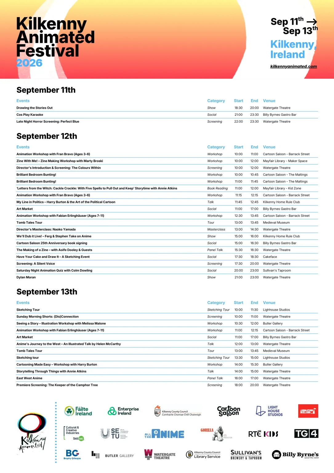 Explore Kilkenny Animated Festival 2026 with a comprehensive schedule listing events, times, and venues for 11–13 September in Kilkenny, Ireland. Discover categories like workshops, talks, and screenings, with sponsor logos featured at the bottom.