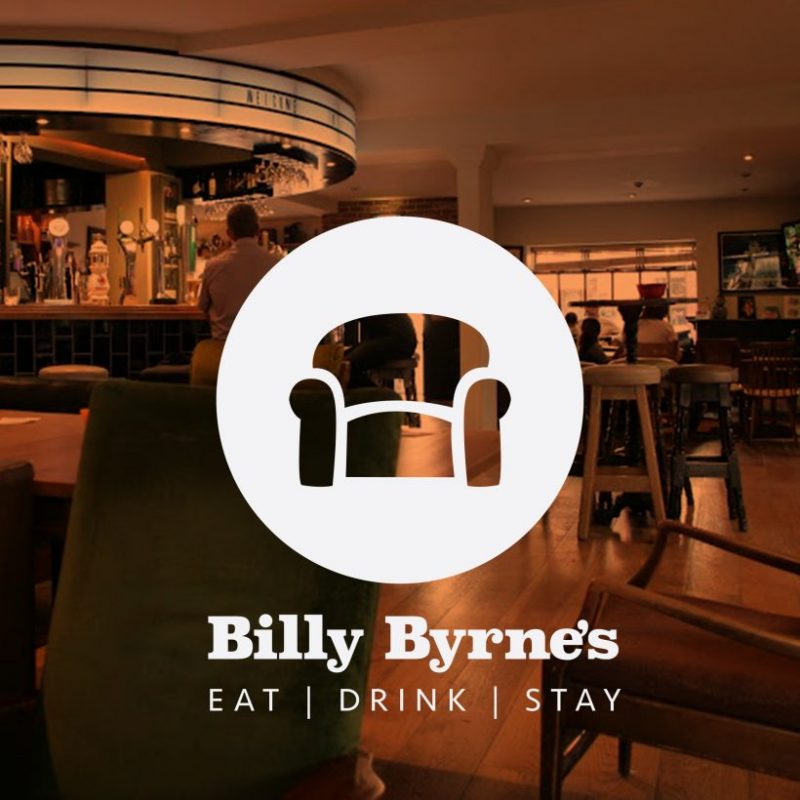 A cosy pub interior with people at tables and a bar in the background. A white armchair icon and the text “Billy Byrne’s EAT | DRINK | STAY” overlay the image, highlighting this beloved spot as one of the proud Kilkenny Animated Festival Sponsors.