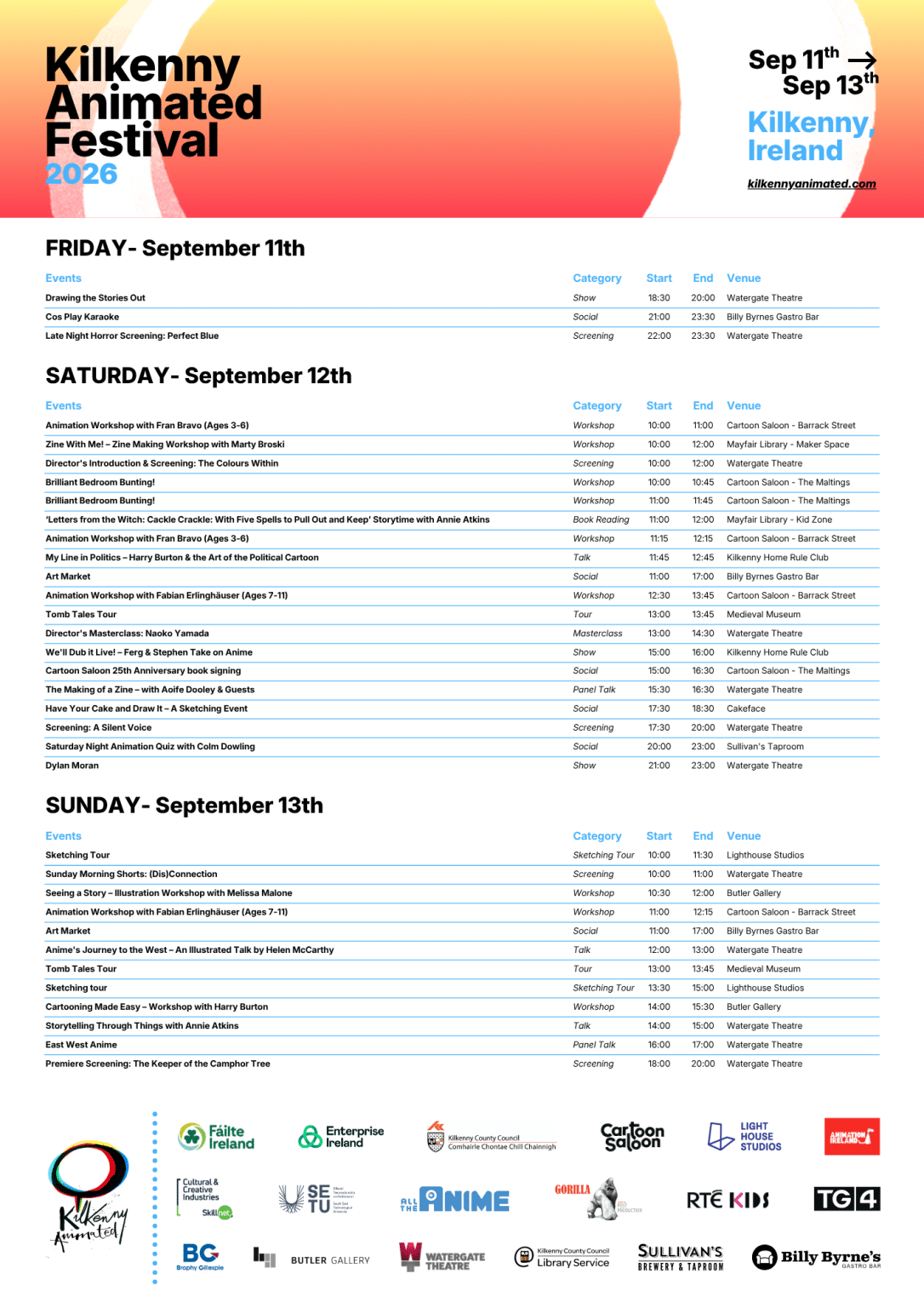 Explore Kilkenny Animated Festival with the complete schedule for 2026, listing events, categories, times, and venues for 11-13 September. Find logos and contact info at the bottom to help plan your festival experience.